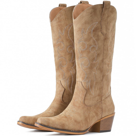 IUV Cowboy Boots For Women Western Cowgirl Boots with Chunky Heel Mid Calf Snip Toe Ideal for low insteps