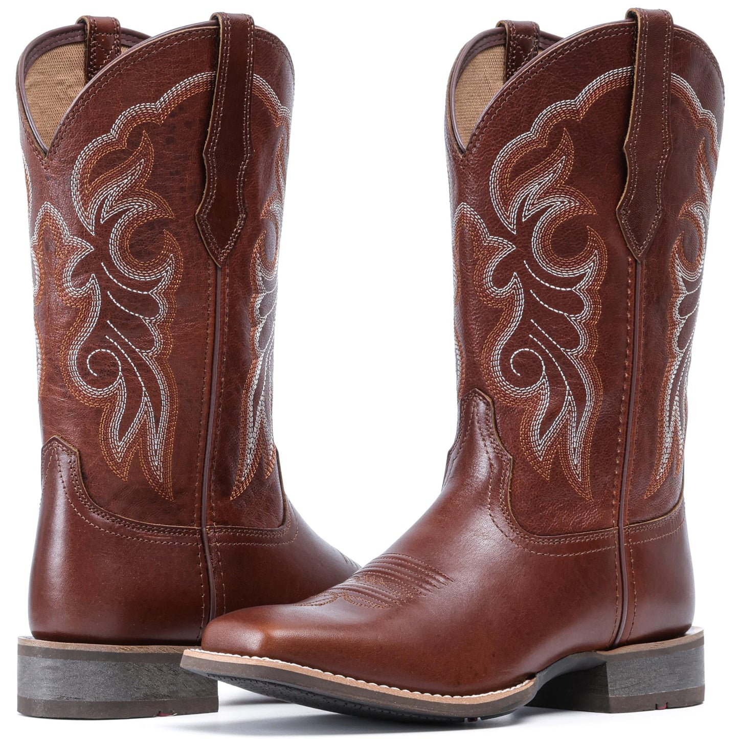 IUV Women's Leather Western Boots Square Toe Cowboy Boots for women Mid Calf Classic Cowgirl Boots Genuine leather toe and heel, textured sheepskin shaft