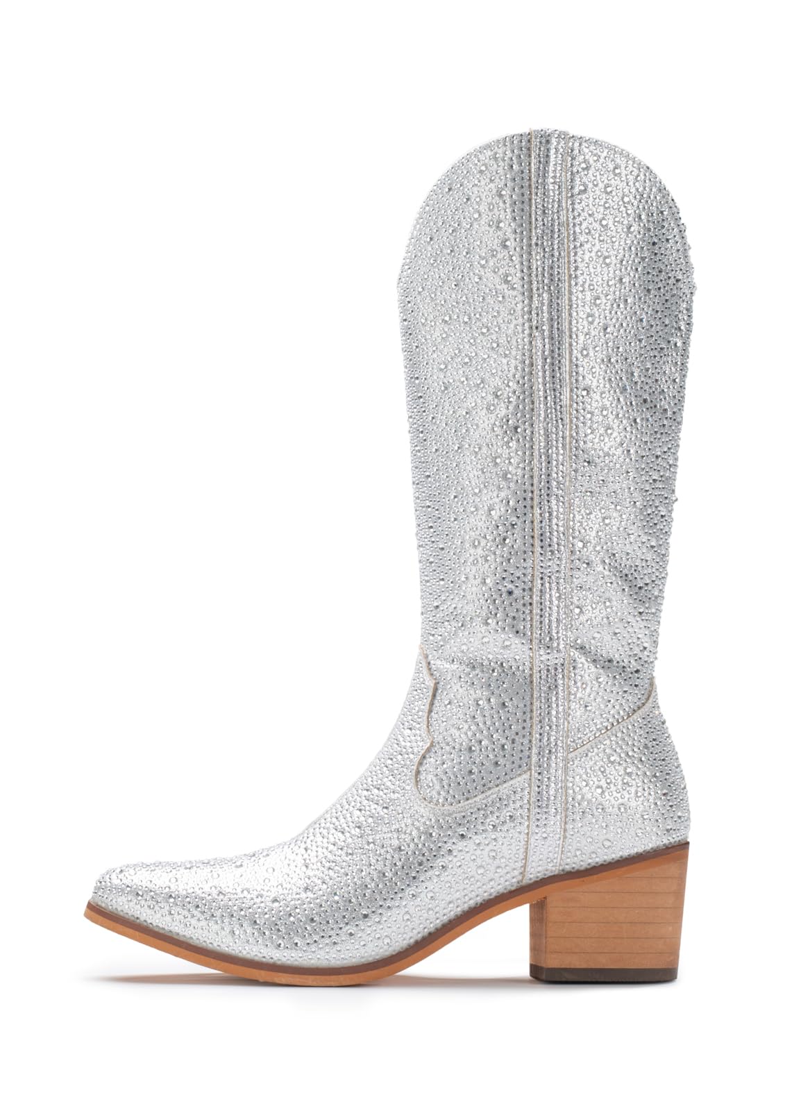 IUV Women Rhinestone Cowboy Boots Sparkly Western Cowgirl Boots glitter boots Embroidered Knee High Chunky Heel Mid Calf with Side Zipper