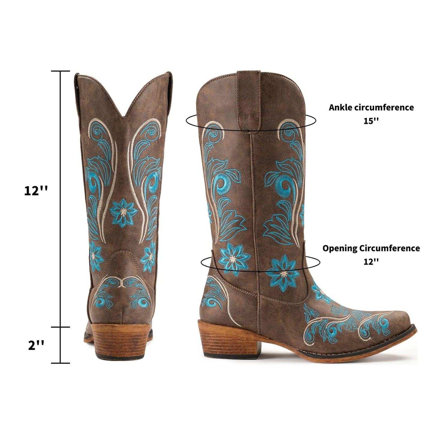 IUV Cowboy Boots For Women Mid Calf Cowgirl Boots Embroidered Pull-On Tabs Snip Toe Boot