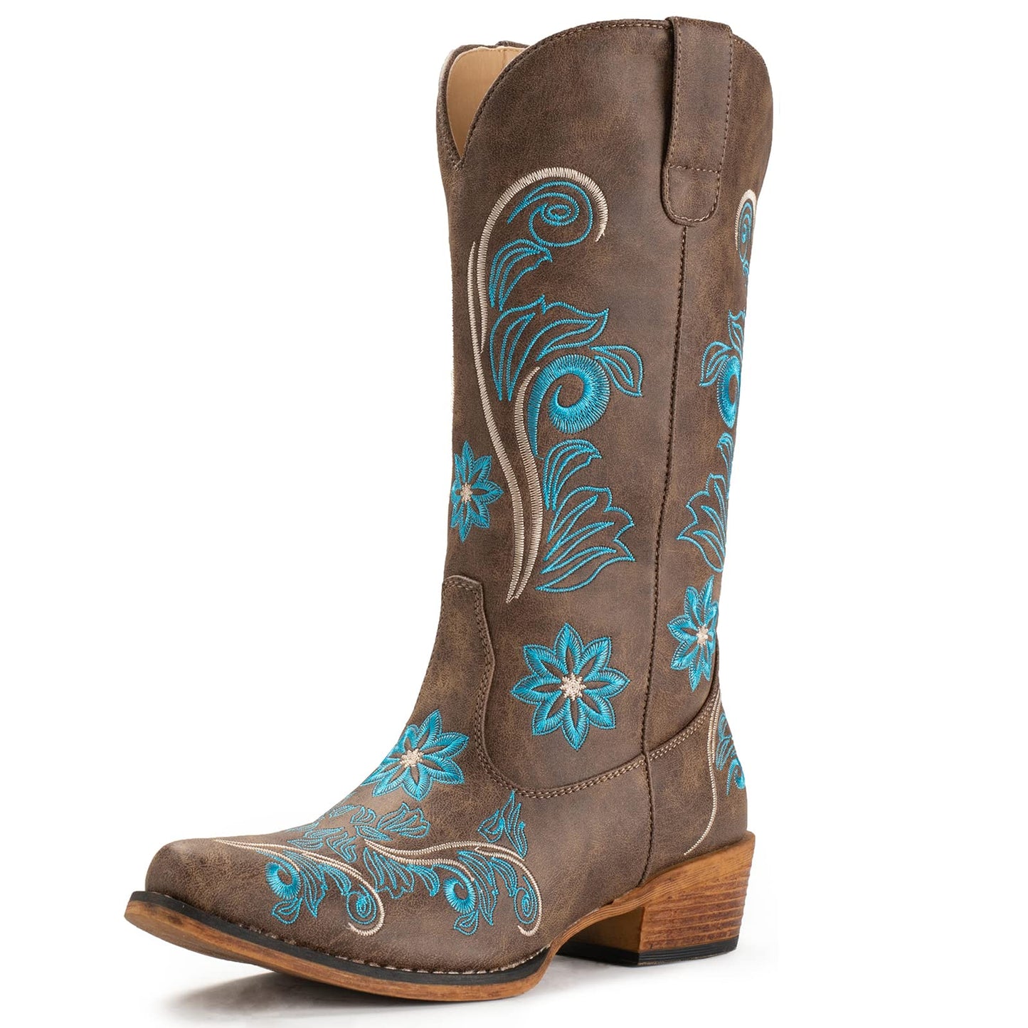 IUV Cowboy Boots For Women Mid Calf Cowgirl Boots Embroidered Pull-On Tabs Snip Toe Boot