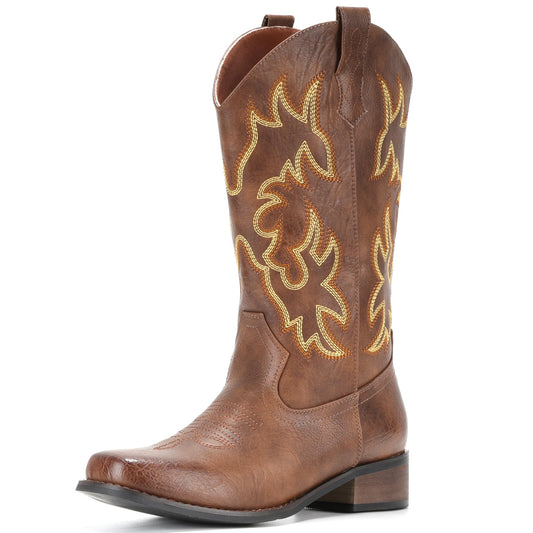 IUV Cowboy Boots For Women Square Toe Cowgirl Boots Mid Calf Western Boots Pull On Fashion Cowboy Boots