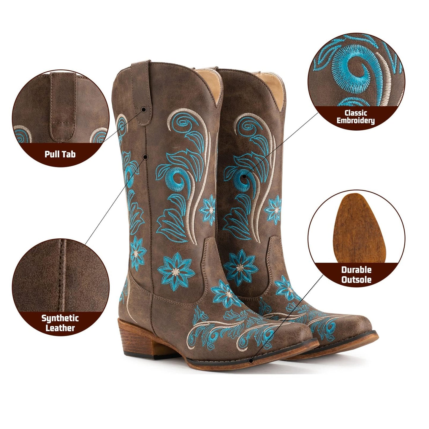 IUV Cowboy Boots For Women Mid Calf Cowgirl Boots Embroidered Pull-On Tabs Snip Toe Boot
