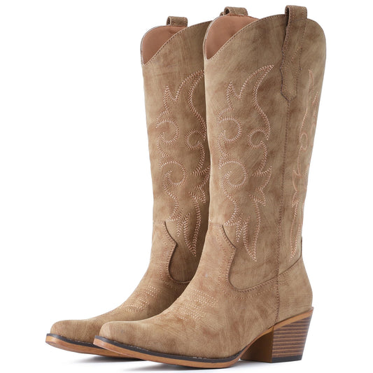 IUV Cowboy Boots For Women Western Cowgirl Boots with Chunky Heel Mid Calf Snip Toe Ideal for low insteps