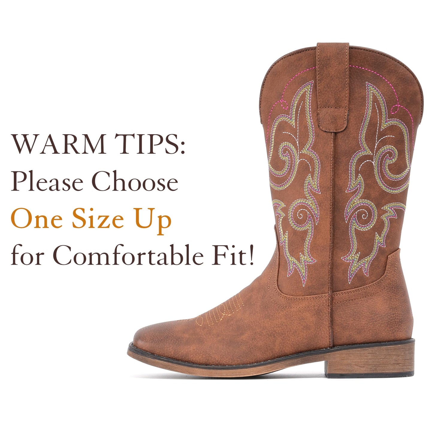 IUV Cowboy Boots For Women Square Toe Western Boots Mid Calf Cowgirl Boots Pull On Fashion Embroidered Cowboy Boots