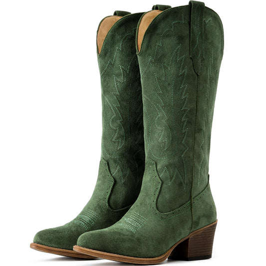 IUV Suede Cowboy Boots for women- Western Pointed Toe, Mid Calf Pull-On Boots