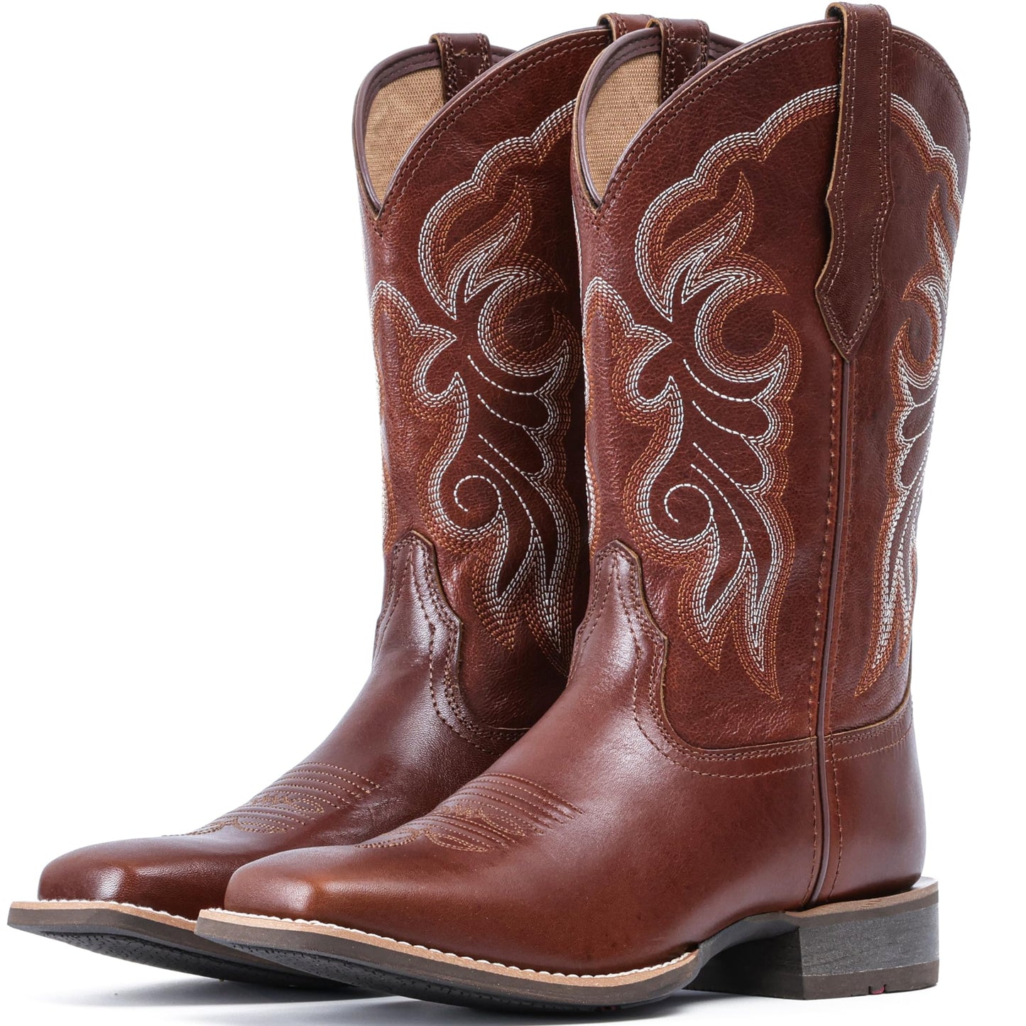 IUV Women's Leather Western Boots Square Toe Cowboy Boots for women Mid Calf Classic Cowgirl Boots Genuine leather toe and heel, textured sheepskin shaft