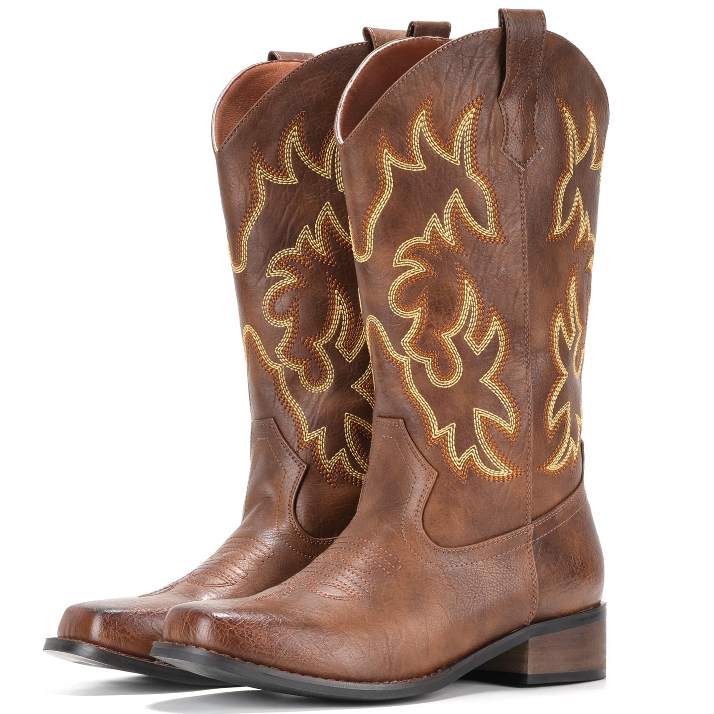 IUV Cowboy Boots For Women Square Toe Cowgirl Boots Mid Calf Western Boots Pull On Fashion Cowboy Boots