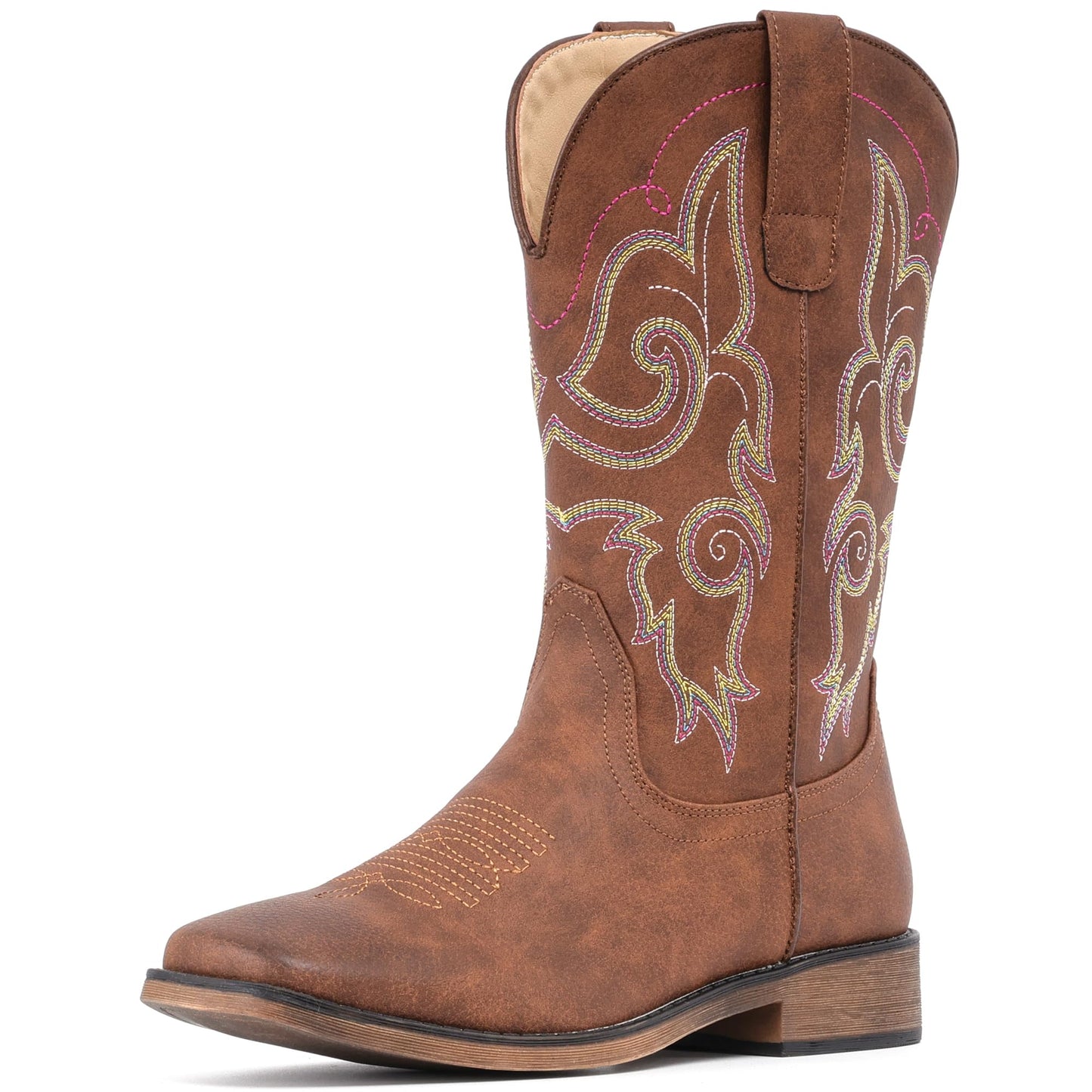 IUV Cowboy Boots For Women Square Toe Western Boots Mid Calf Cowgirl Boots Pull On Fashion Embroidered Cowboy Boots