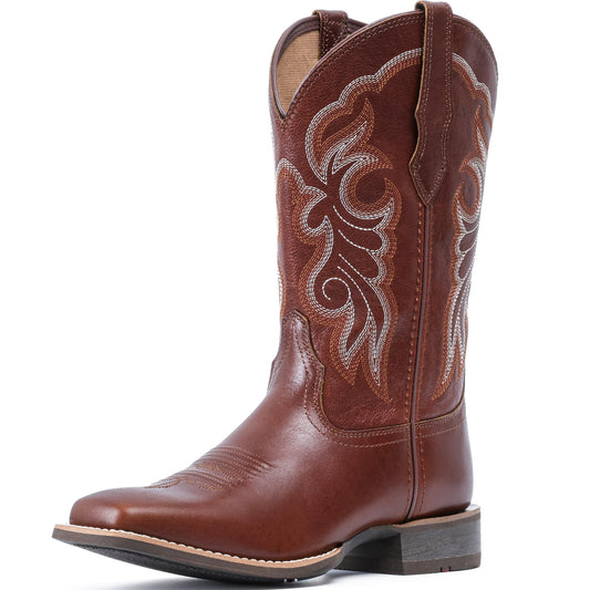 IUV Women's Leather Western Boots Square Toe Cowboy Boots for women Mid Calf Classic Cowgirl Boots Genuine leather toe and heel, textured sheepskin shaft